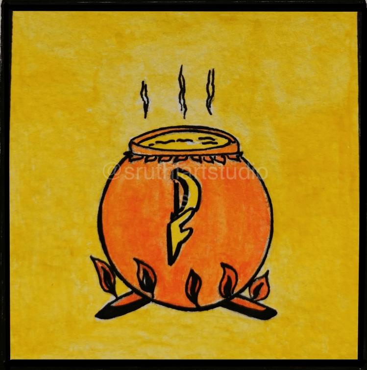 Handdrawn image in watercolours and inks of the cooking pot with DF symbol